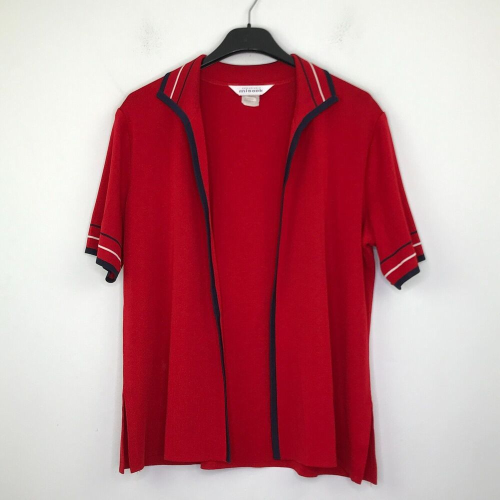 Misook Women's Large Sweater Red Short Sleeve Open Draped Collar Cardigan CB21
